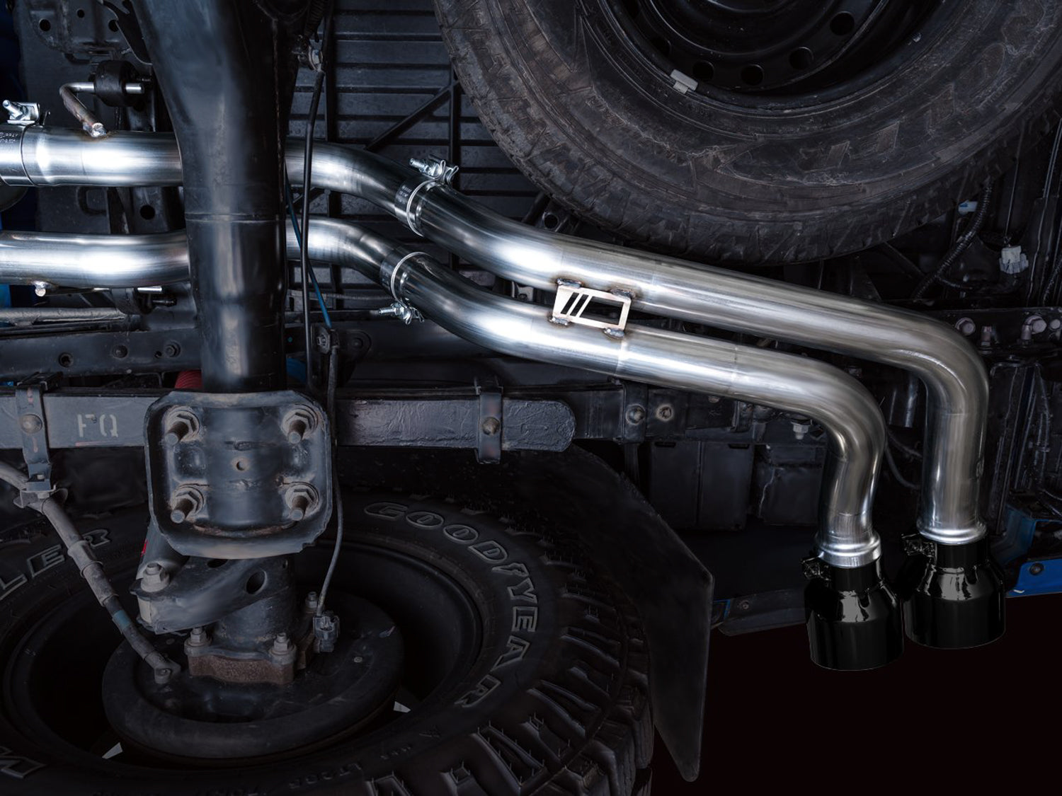 AWE 0FG Exhaust with BashGuard for 3rd Gen Tacoma - Dual Diamond Black Tips - Mounted