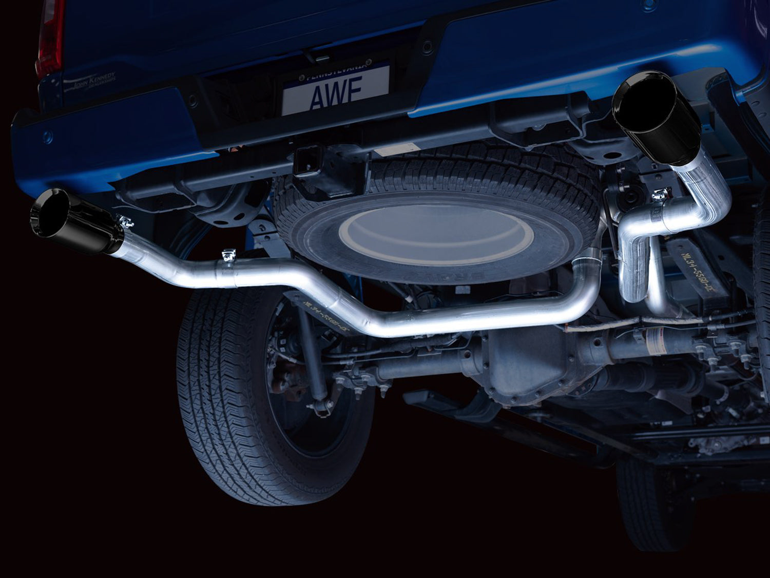 AWE 0FG Dual Split Rear Exhaust for '21+ Ford F-150 - 5" Diamond Black Tips - Mounted