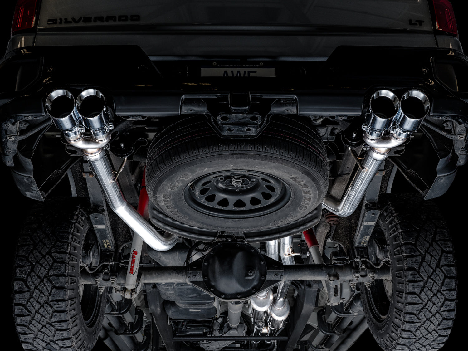 AWE 0FG Catback Split Rear Exit Exhaust for 4th Gen Silverado/Sierra 1500 6.2L (with bumper cutouts) - Quad Chrome Silver Tips - Mounted