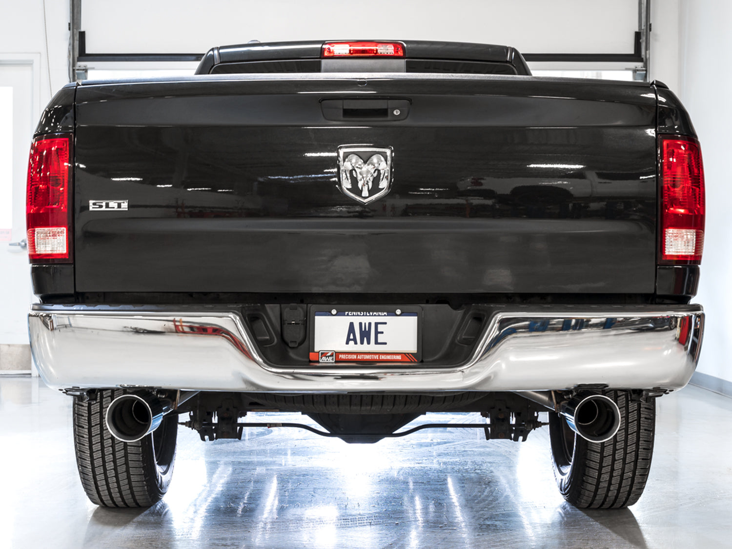 AWE 0FG Dual Rear Exit Catback for 4th Gen RAM 1500 5.7L (without bumper cutouts) - Chrome Silver Tips - Mounted