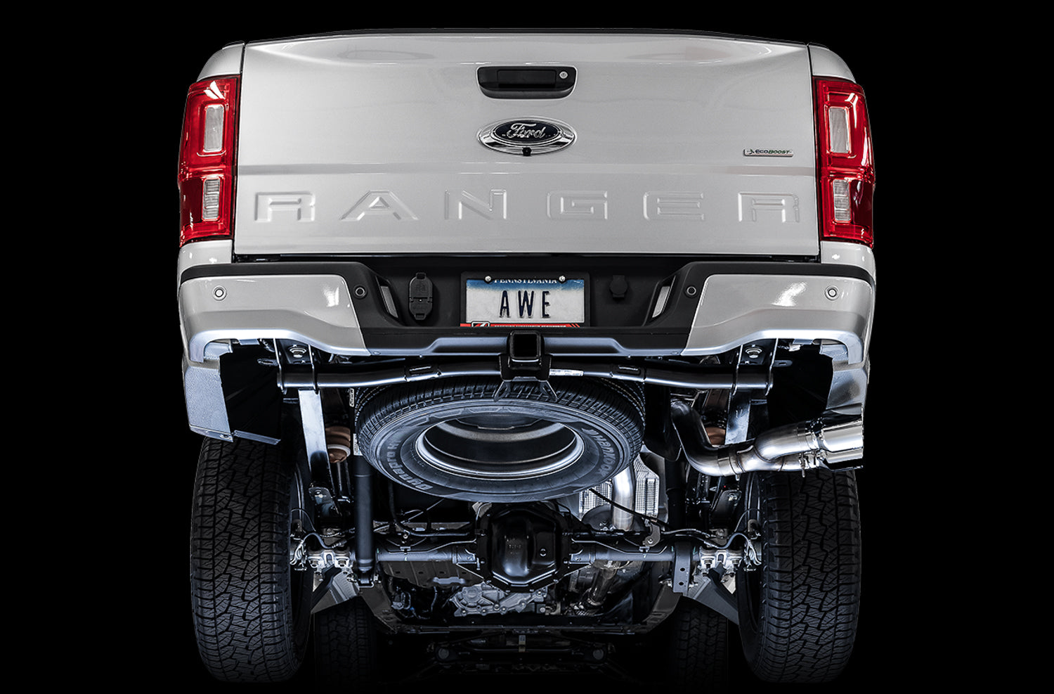 AWE 0FG Exhaust with BashGuard for Ford Ranger - Dual Chrome Silver Tips - Mounted
