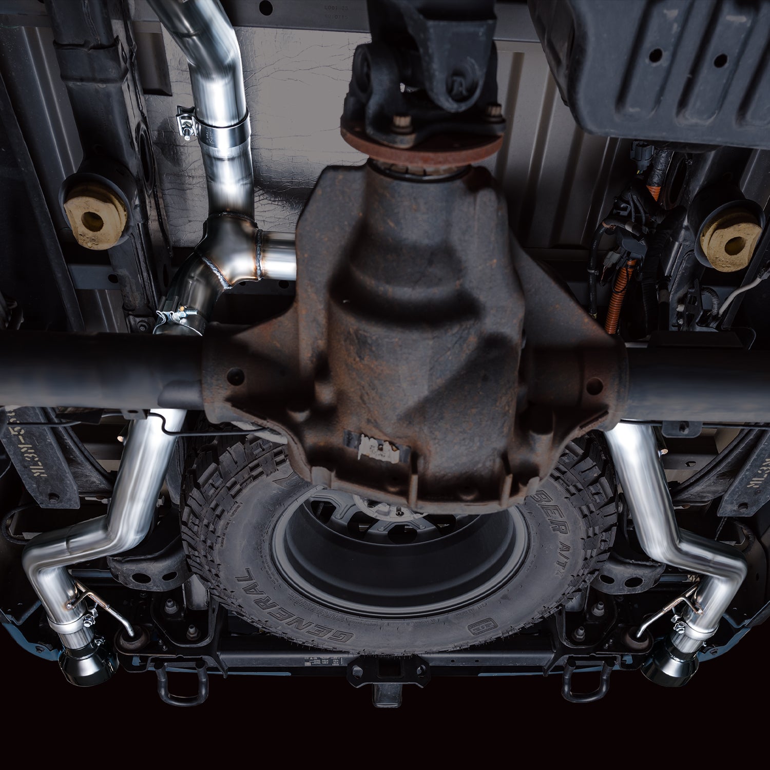 AWE 0FG Resonated Catback for '21+ Ford F-150 Tremor (With Bumper Cutouts) - Diamond Black Tips - Mounted