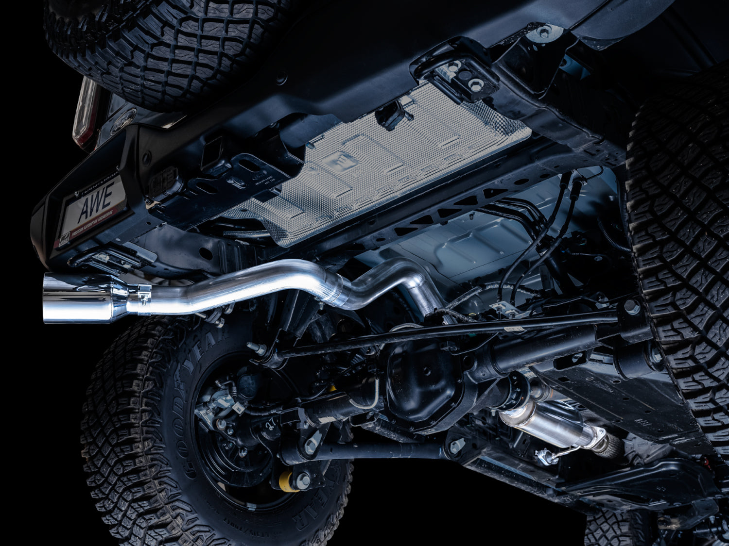 AWE 0FG Catback Exhaust for Ford Bronco with BashGuard™ - Single 5" Chrome Silver Tip - Mounted